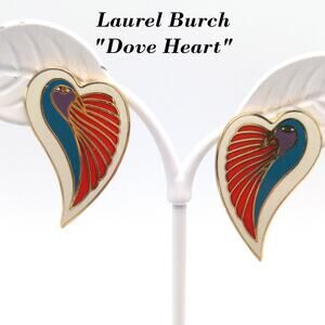 Vintage Laurel Burch "Dove Heart" Post Earrings, Cloisonne Enamel, Gold Plated